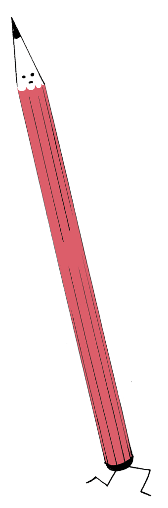 Zeichnung eines aufrecht laufenden roten Bleistiftes, mit der Spitze als Kopf.